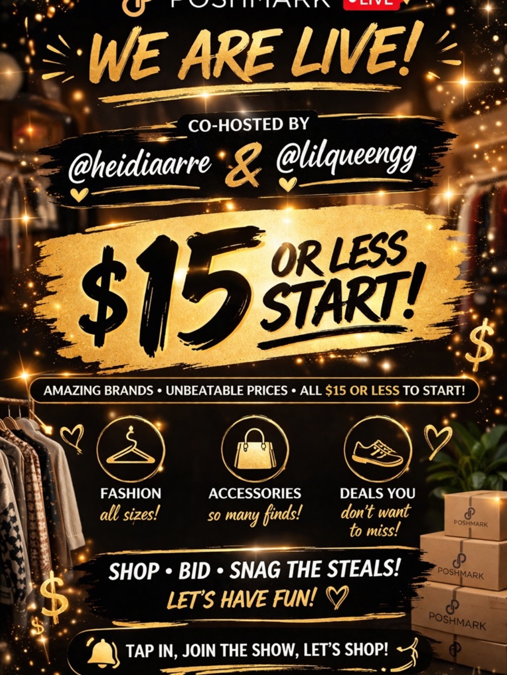 $15 or Less Start! Gold & Black Poshmark Live Promo